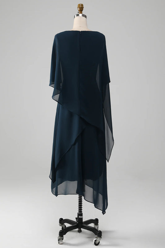 DingJiDress Elegant Fall Wedding Guest Dress November Navy A-Line Scoop Tea-Length Chiffon Mother of the Bride Dress