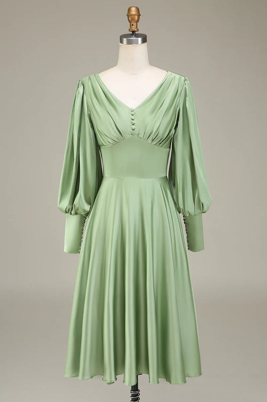 DingJiDress Matcha A-Line Prom Dresses V-Neck Midi-Length Bridesmaid Dress With Long Sleeves