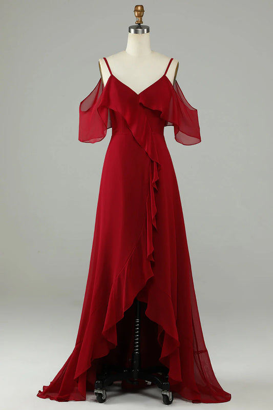 DingJiDress Burgundy Long Bridesmaid Dress Asymmetrical Cold Shoulder with Ruffles
