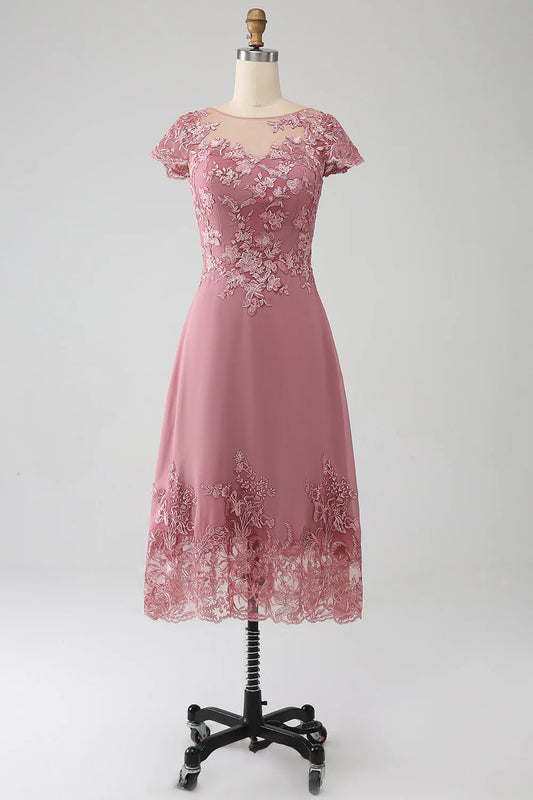 DingJiDress Elegant Fall Wedding Guest Dress November Dusty Rose A-Line Tea-Length Mother of the Bride Dress With Appliques