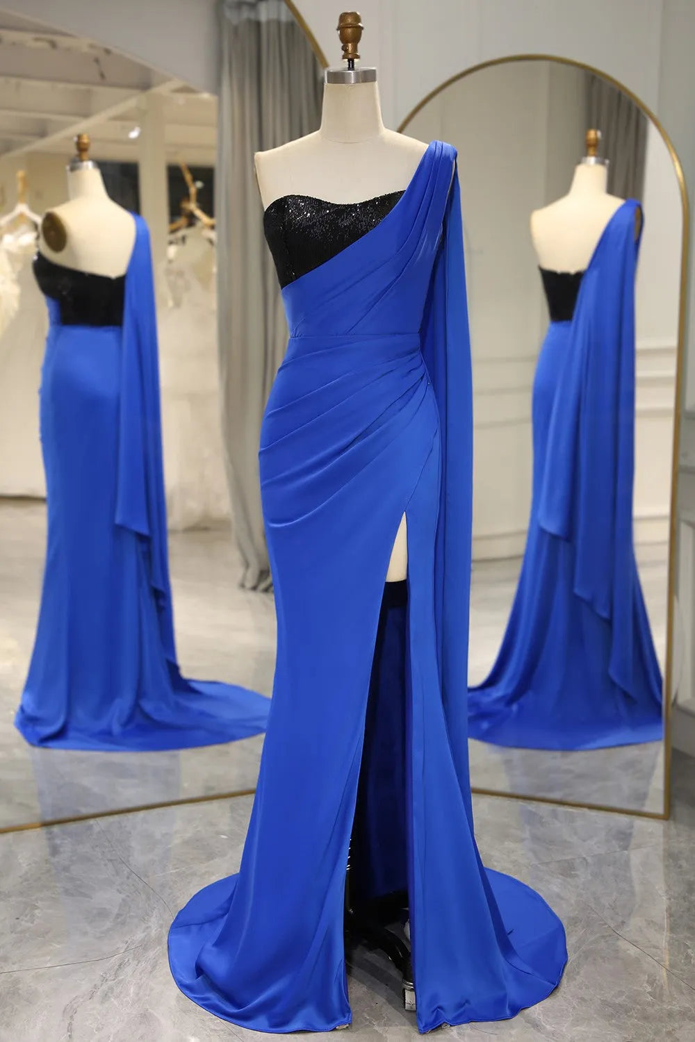 DingJiDress Royal Blue Mermaid One Shoulder Long Prom Dress With Shawl And Slit