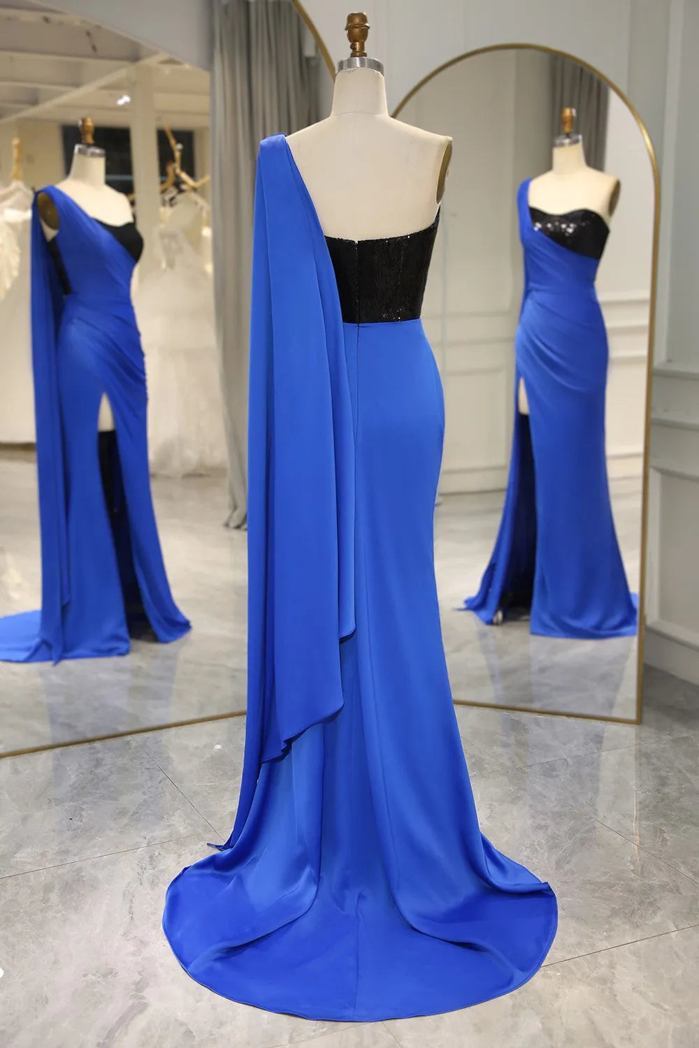 DingJiDress Royal Blue Mermaid One Shoulder Long Prom Dress With Shawl And Slit