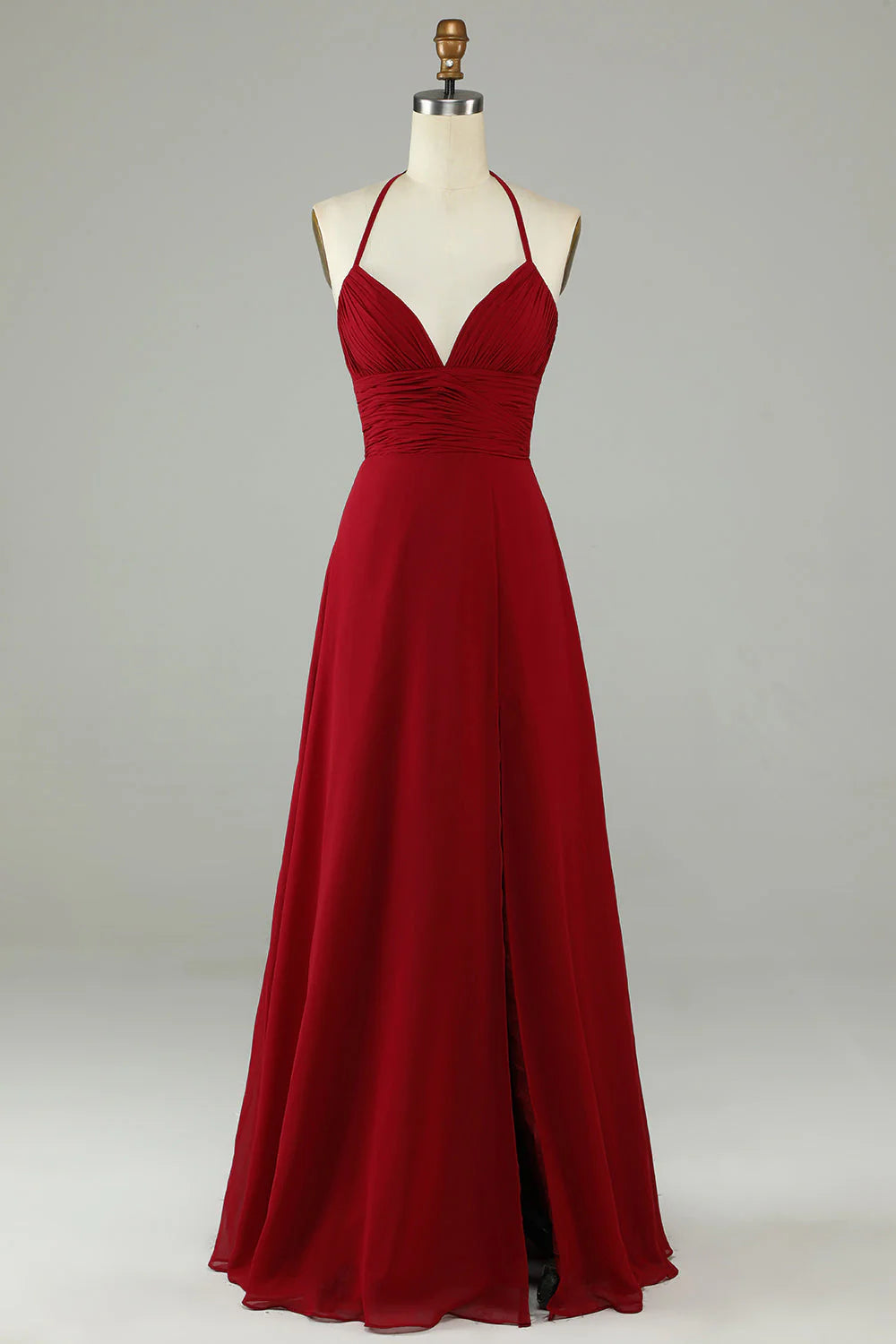 DingJiDress Burgundy A-Line Halter Chiffon Long Bridesmaid Dress with Slit