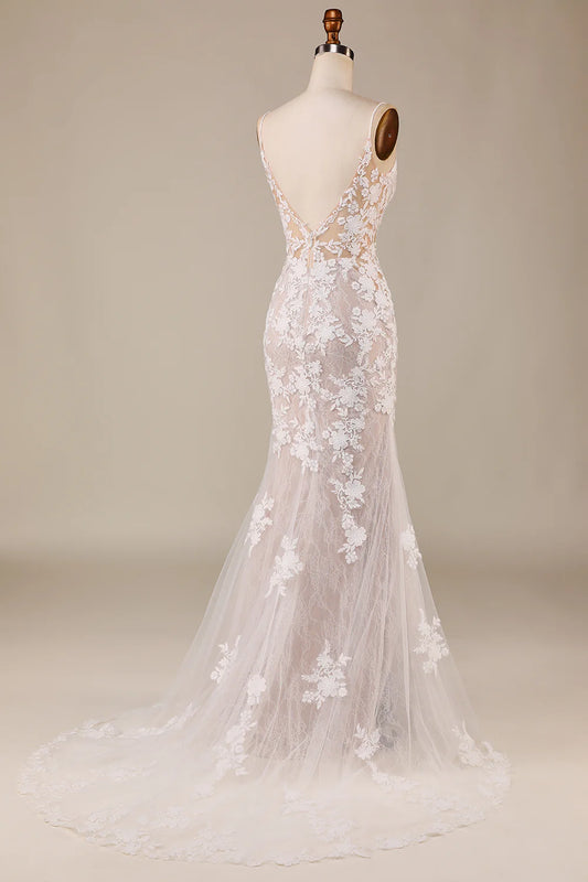 DingJiDress Charming Mermaid Spaghetti Straps Ivory Long Bridal Dress with Lace