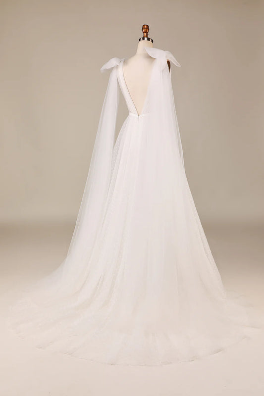 DingJiDress Elegant A Line V Neck Ivory Detachable Watteau Train Tulle Wedding Dress