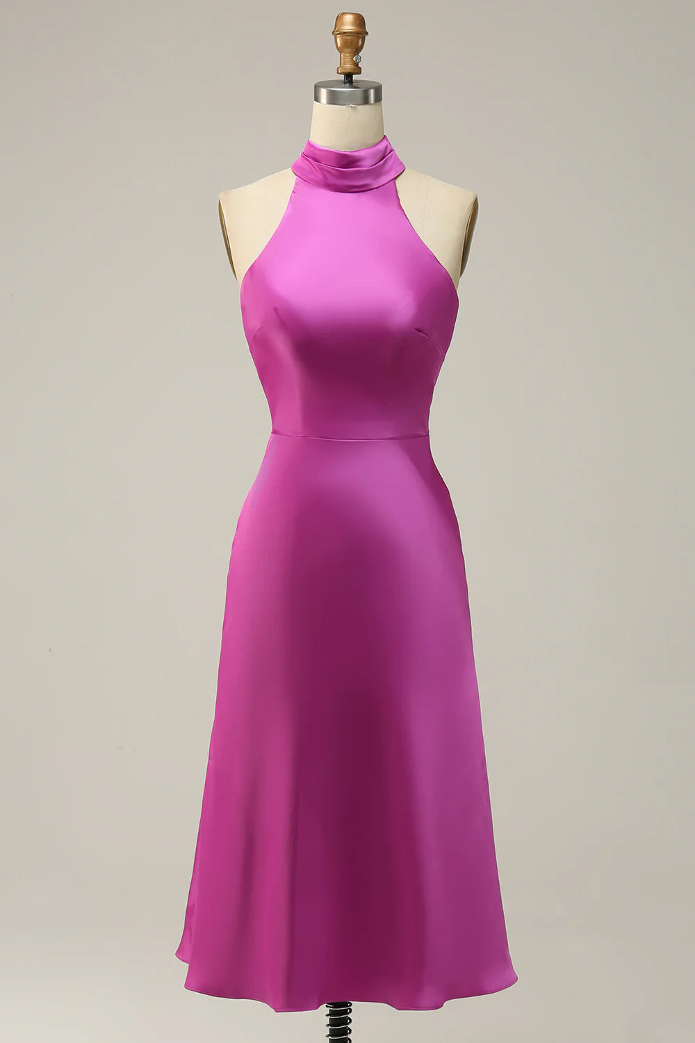 DingJiDress Fuchsia Mermaid Halter Satin Open Back Midi Bridesmaid Dress