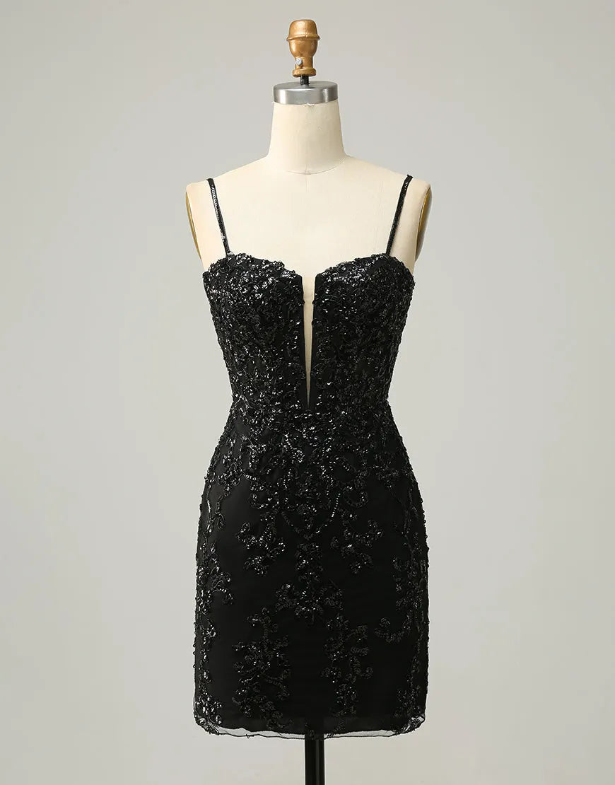 DingJiDress Black Spaghetti Straps Corset Back Sequin Homecoming Dress