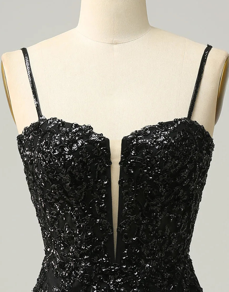 DingJiDress Black Spaghetti Straps Corset Back Sequin Homecoming Dress