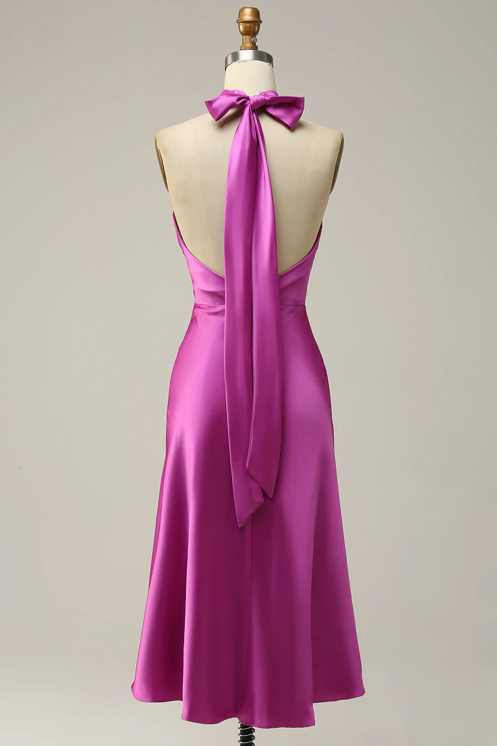 DingJiDress Fuchsia Mermaid Halter Satin Open Back Midi Bridesmaid Dress