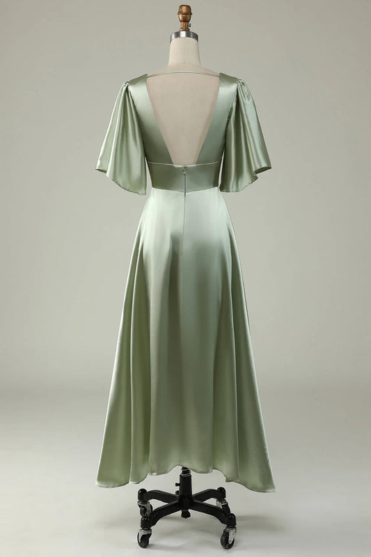 DingJiDress Dusty Sage Wedding Guest Dresses A Line Deep V Neck Bridesmaid Dress with Half Sleeves