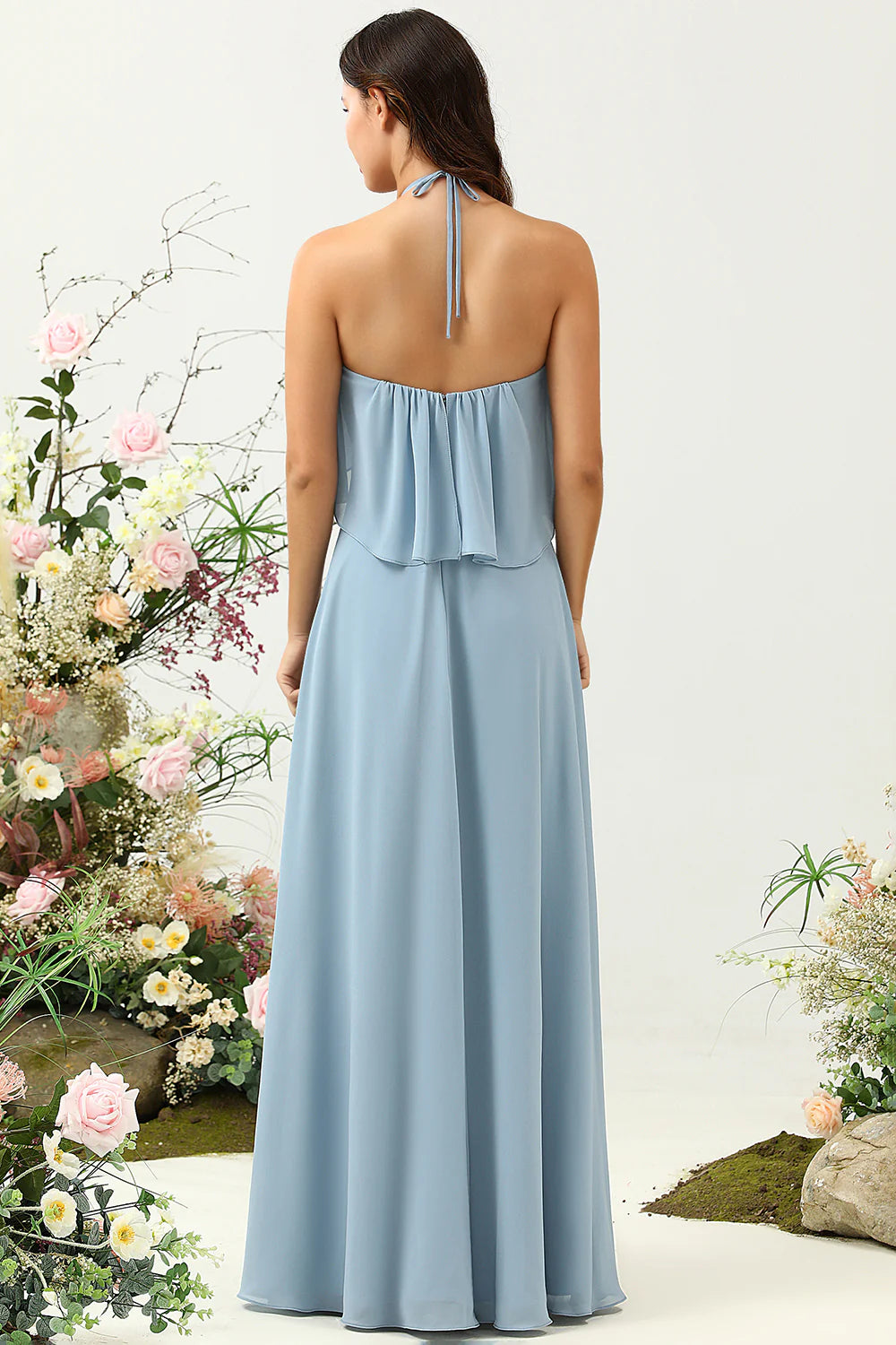 DingJiDress Elegant Mist A Line Halter 100D Chiffon Bridesmaid Dress with Ruffles