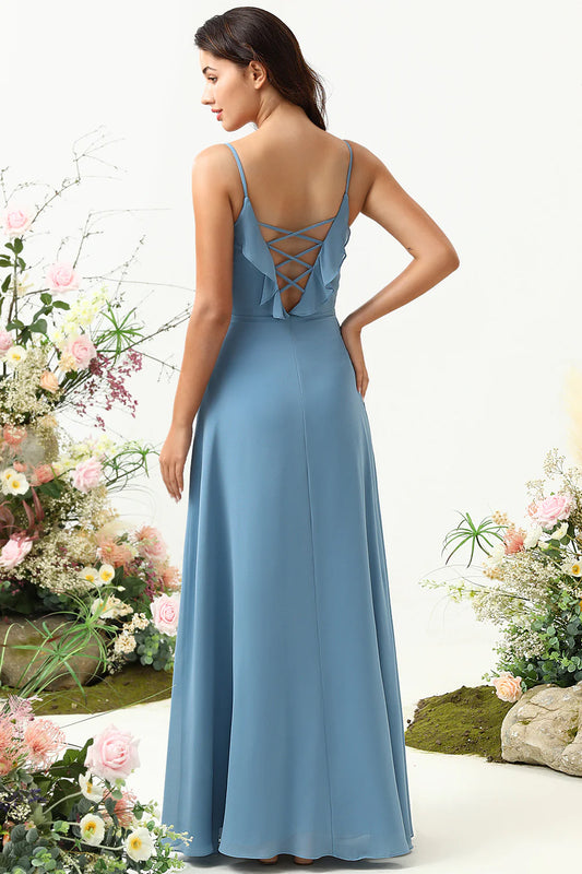 DingJiDress Grey Blue A Line Spaghetti Straps Chiffon Bridesmaid Dress with Ruffles