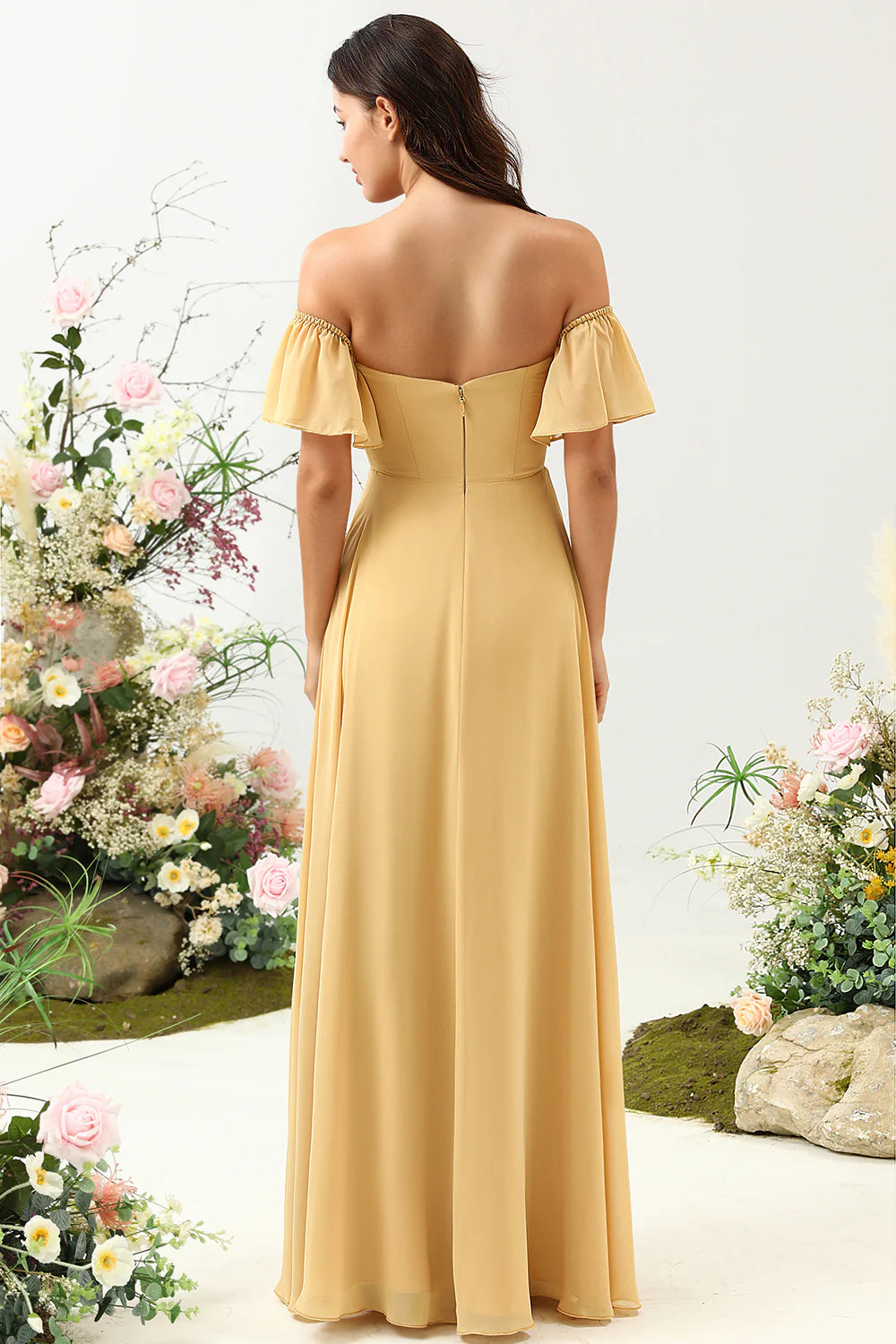 DingJiDress Yellow A Line Off The Shoulder Chiffon Long Bridesmaid Dress with Ruffles