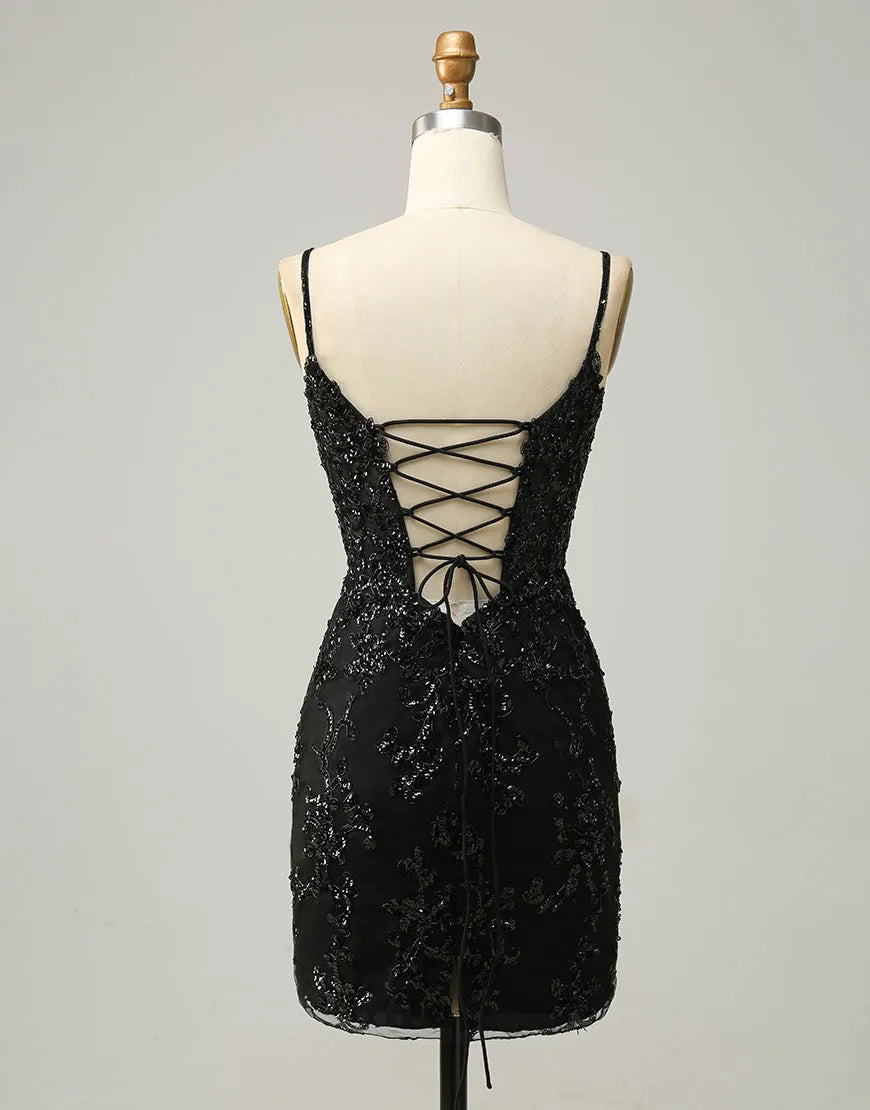 DingJiDress Black Spaghetti Straps Corset Back Sequin Homecoming Dress