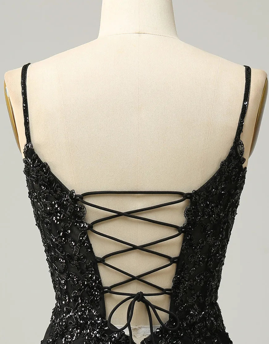 DingJiDress Black Spaghetti Straps Corset Back Sequin Homecoming Dress