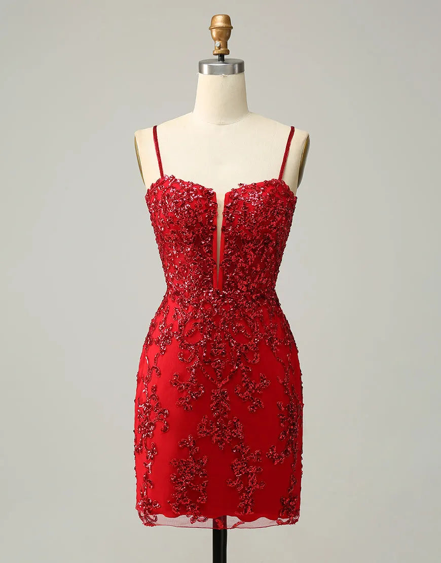 DingJiDress Black Spaghetti Straps Corset Back Sequin Homecoming Dress