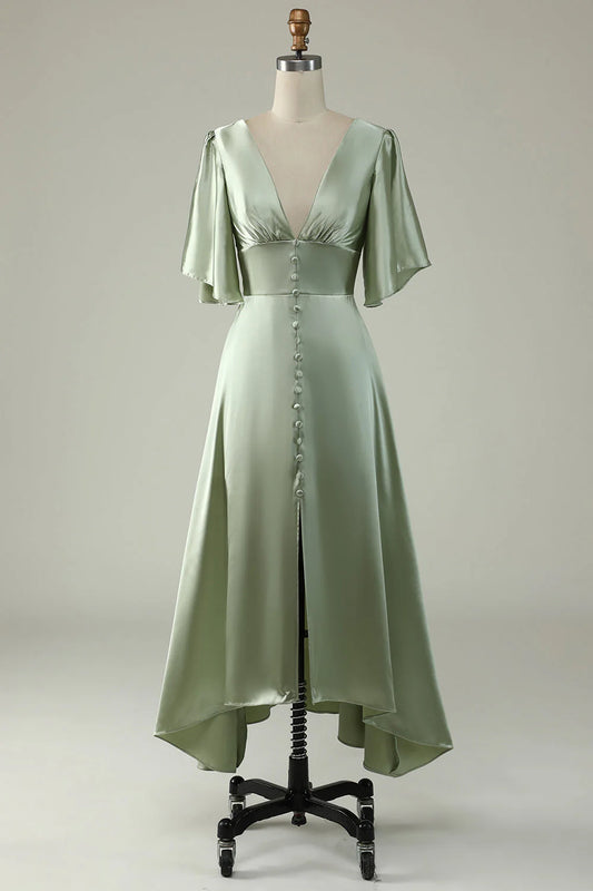 DingJiDress Dusty Sage Wedding Guest Dresses A Line Deep V Neck Bridesmaid Dress with Half Sleeves