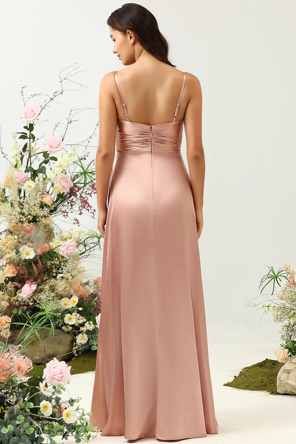 DingJiDress Blush Elegant A Line Spaghetti Straps Bright Satin Bridesmaid Dress with Slit