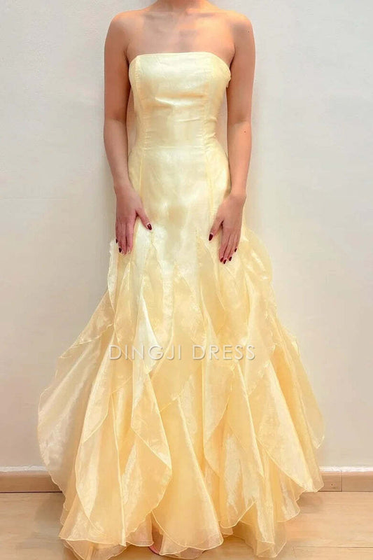 DingJiDress Formal Dress Fantastic A Line Strapless Empire Lace Up Ruffled Party Unique Prom Dress