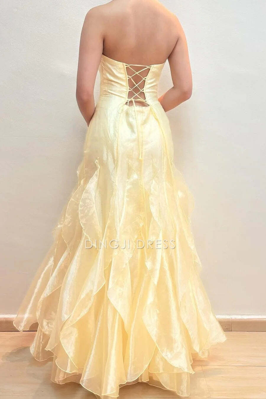 DingJiDress Formal Dress Fantastic A Line Strapless Empire Lace Up Ruffled Party Unique Prom Dress