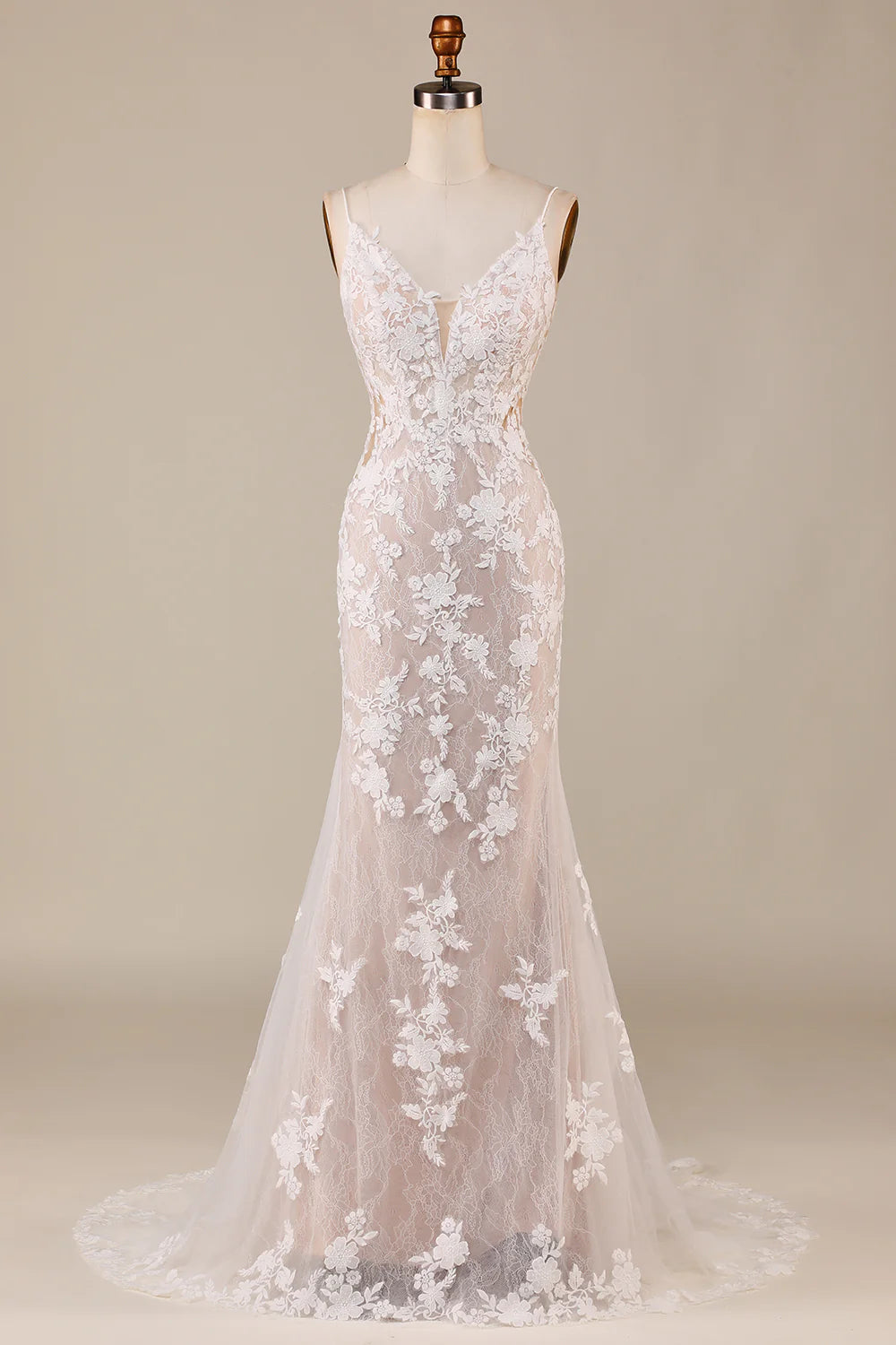 DingJiDress Charming Mermaid Spaghetti Straps Ivory Long Bridal Dress with Lace