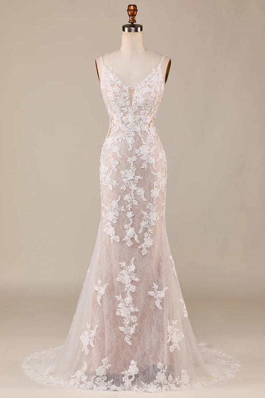 DingJiDress Charming Mermaid Spaghetti Straps Ivory Long Bridal Dress with Lace