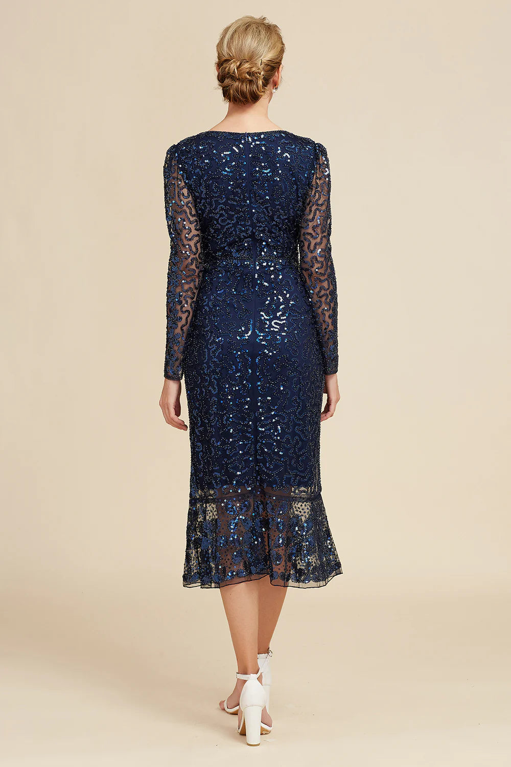DingJiDress Elegant Navy Beaded and Sequin Midi Mother of Bride Dress Wedding Dress For Guest