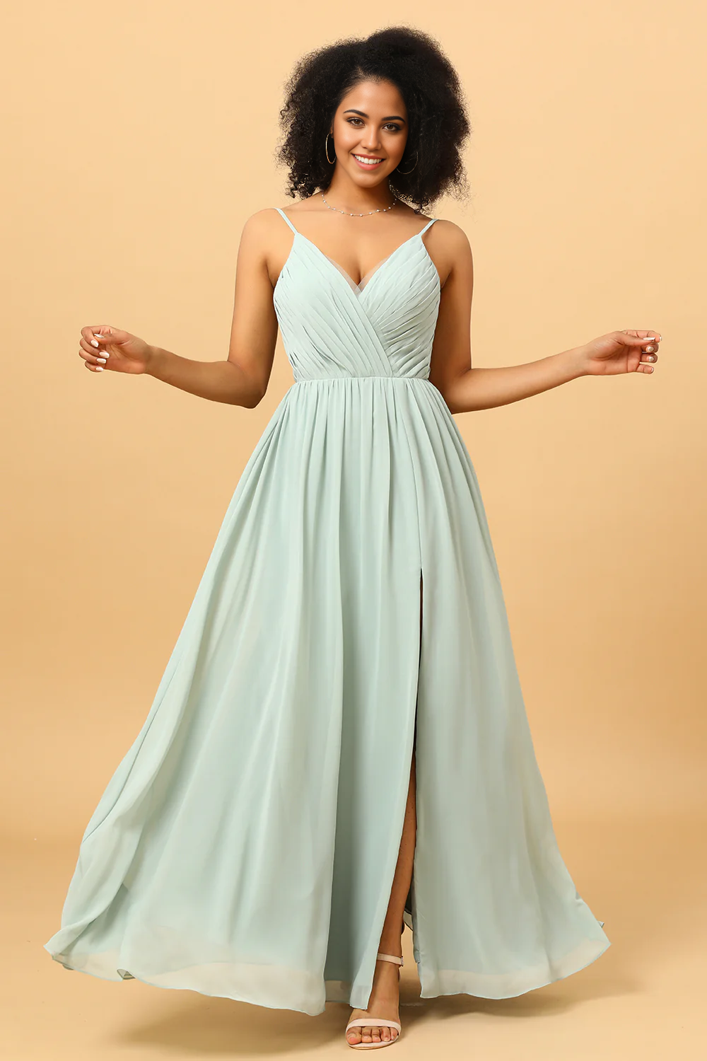 DingJiDress Elegant Ruched Long Chiffon Light Green Bridesmaid Dress with Slit
