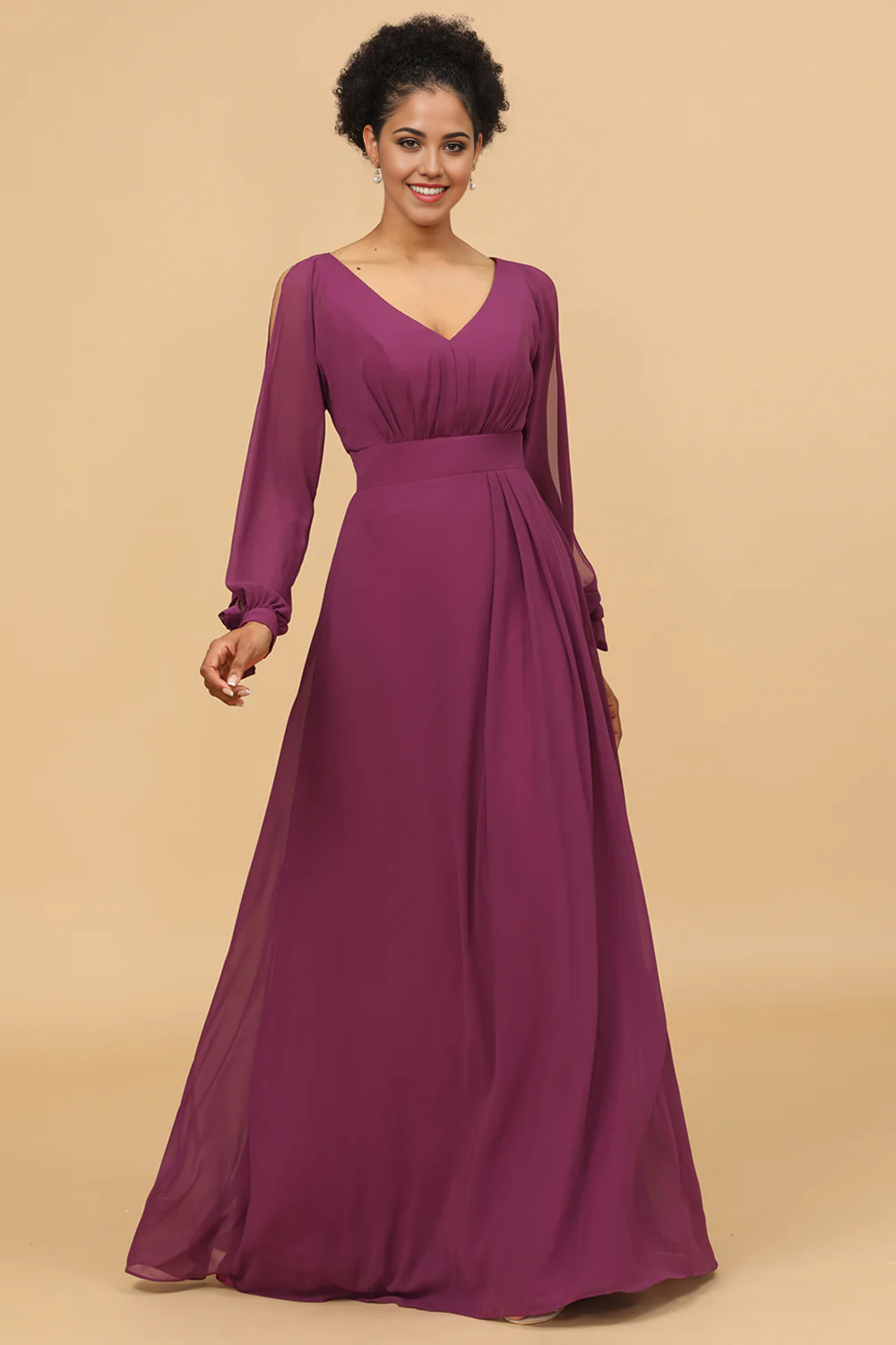DingJiDress Elegant Long Sleeves V-Neck Purple Chiffon Bridesmaid Dress with Bowknot