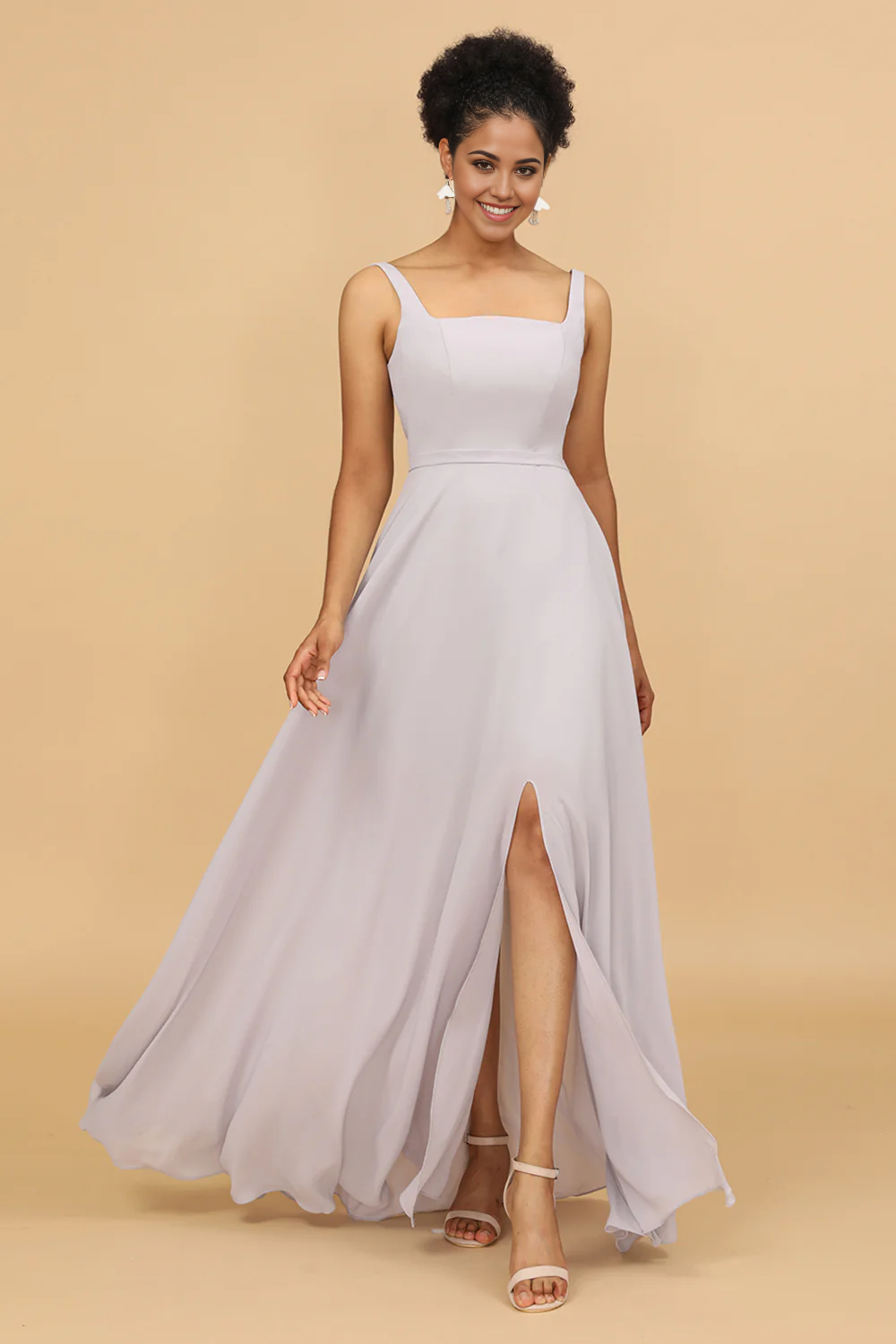 DingJiDress Elegant Long Chiffon Bridesmaid Dress Grey Sheath Square Neck Wedding Guest Dresses
