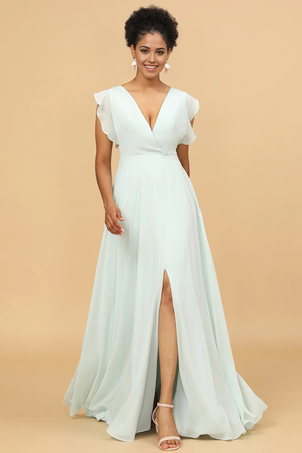 DingJiDress Elegant Mint Bridesmaid Dress V-Neck Long Chiffon Wedding Guest Dresses with Slit