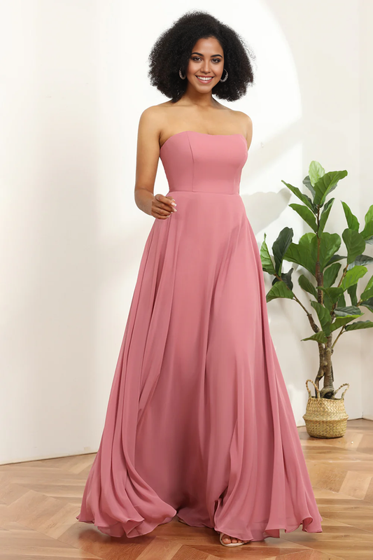 DingJiDress Elegant Blush Sweetheart Long Chiffon Bridesmaid Dress with Bowknot  Wedding Guest Dresses