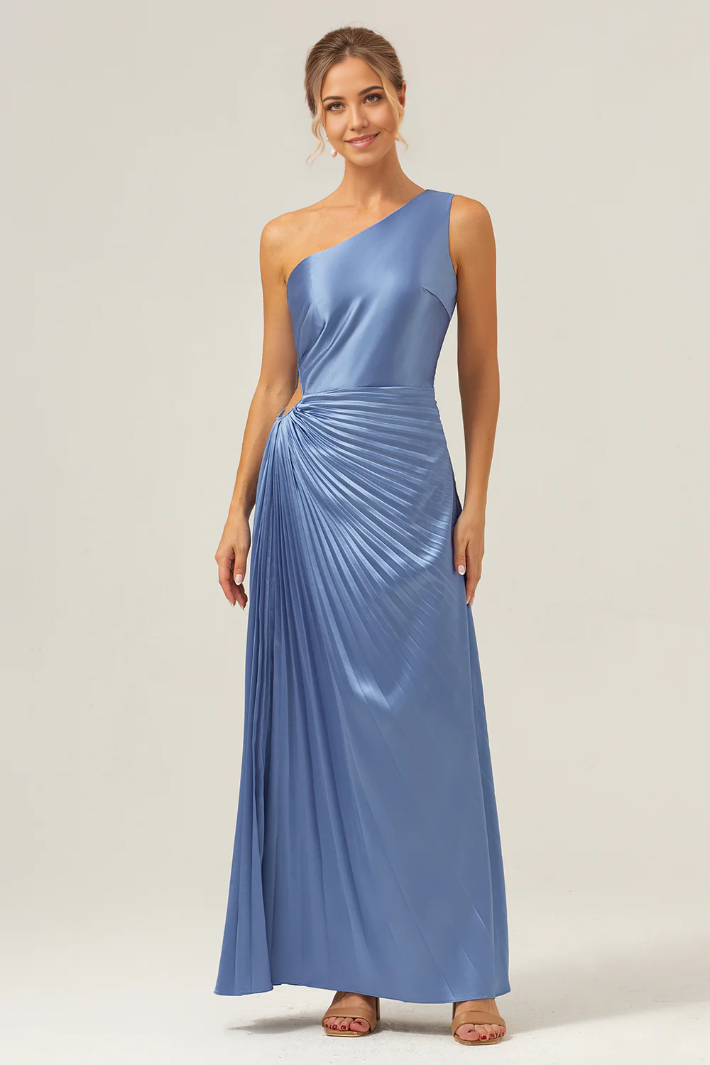 DingJiDress Sheath One Shoulder Long Blue Bridesmaid Dress Pleated Keyhole Satin  Wedding Guest Dresses