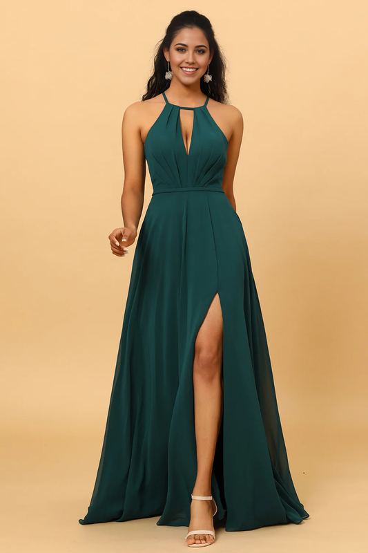 DingJiDress Elegant Pine Long Chiffon Bridesmaid Dress A Line Halter Sleeveless With Slit
