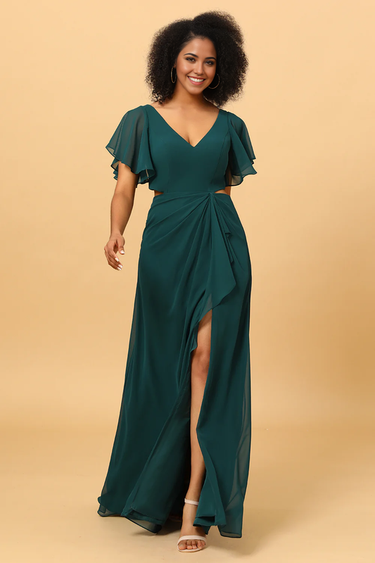 DingJiDress Pine V Neck Wedding Guest Dresses Short Sleeves Long Chiffon Bridesmaid Dress