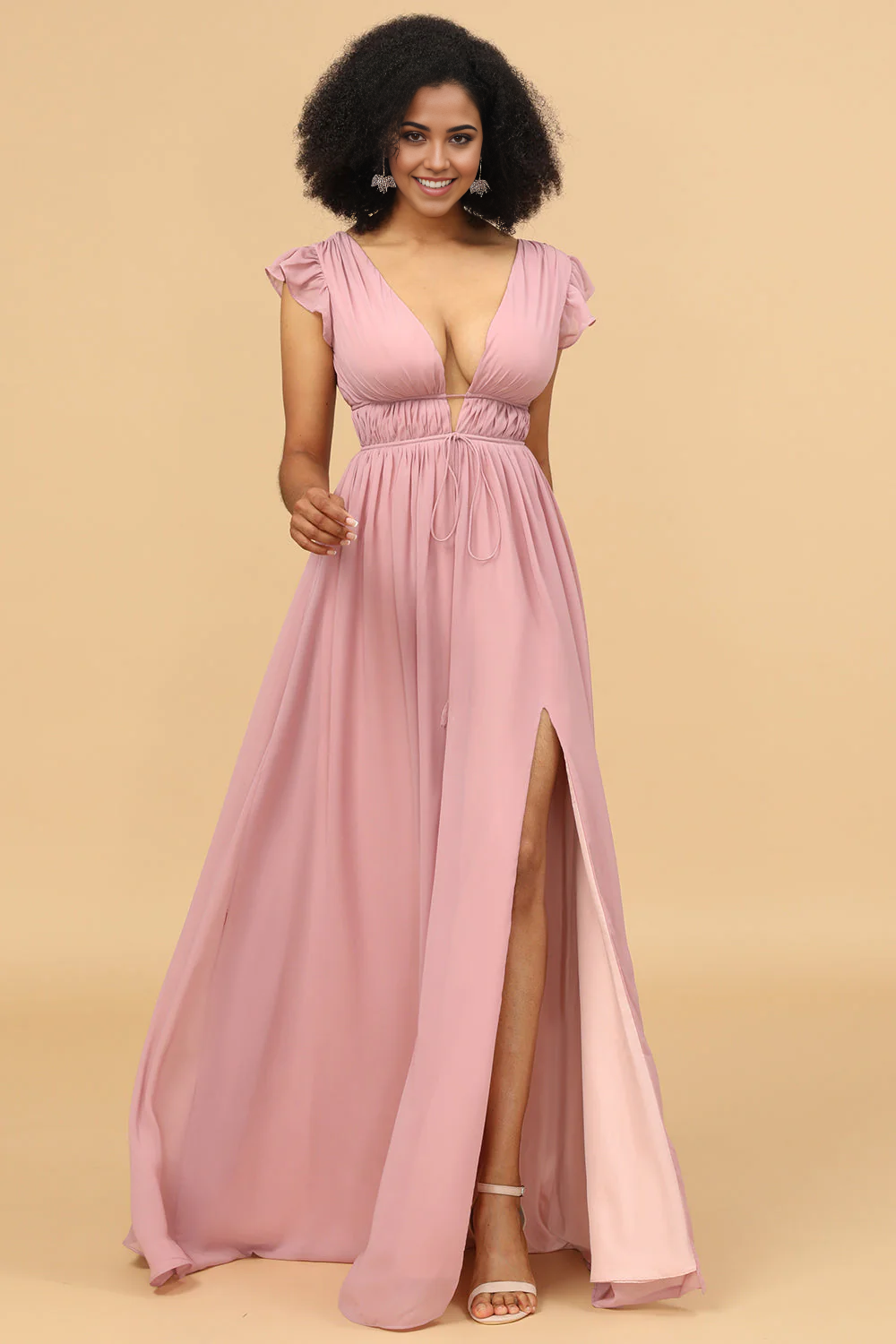 DingJiDress Blush A Line Wedding Guest Dresses V-Neck Long Chiffon Bridesmaid Dress with Slit