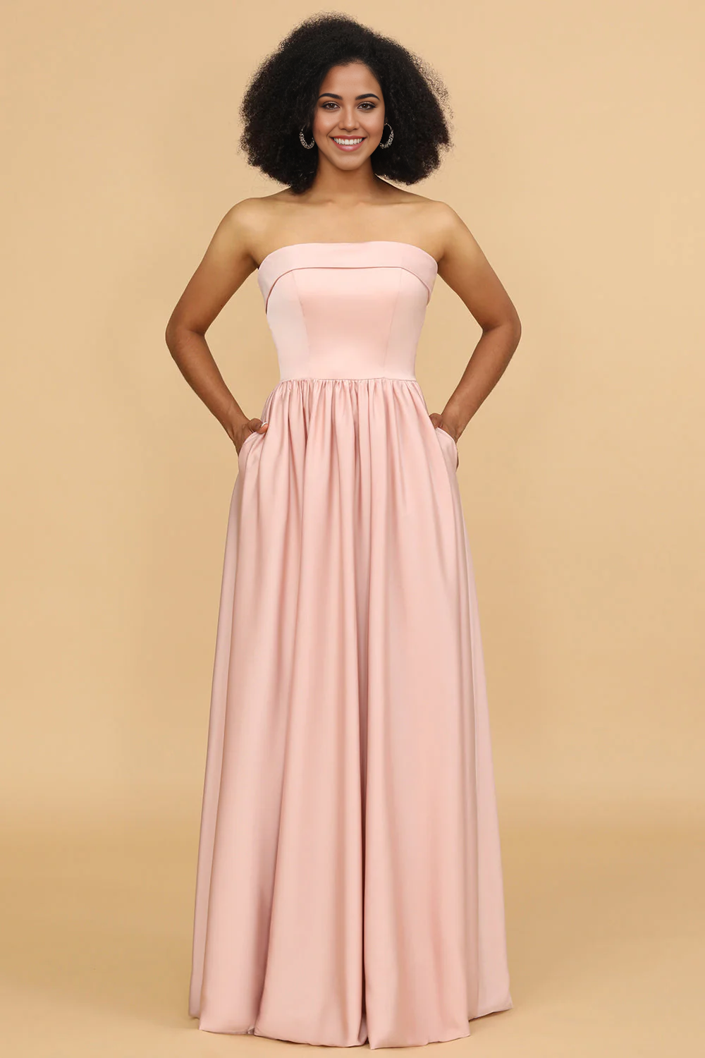DingJiDress Blush Pink A Line Wedding Guest Dresses Strapless Satin Long Bridesmaid Dress