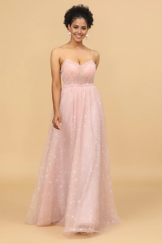 DingJiDress Blush A Line Wedding Guest Dresses Spaghetti Straps Long Tulle Bridesmaid Dress