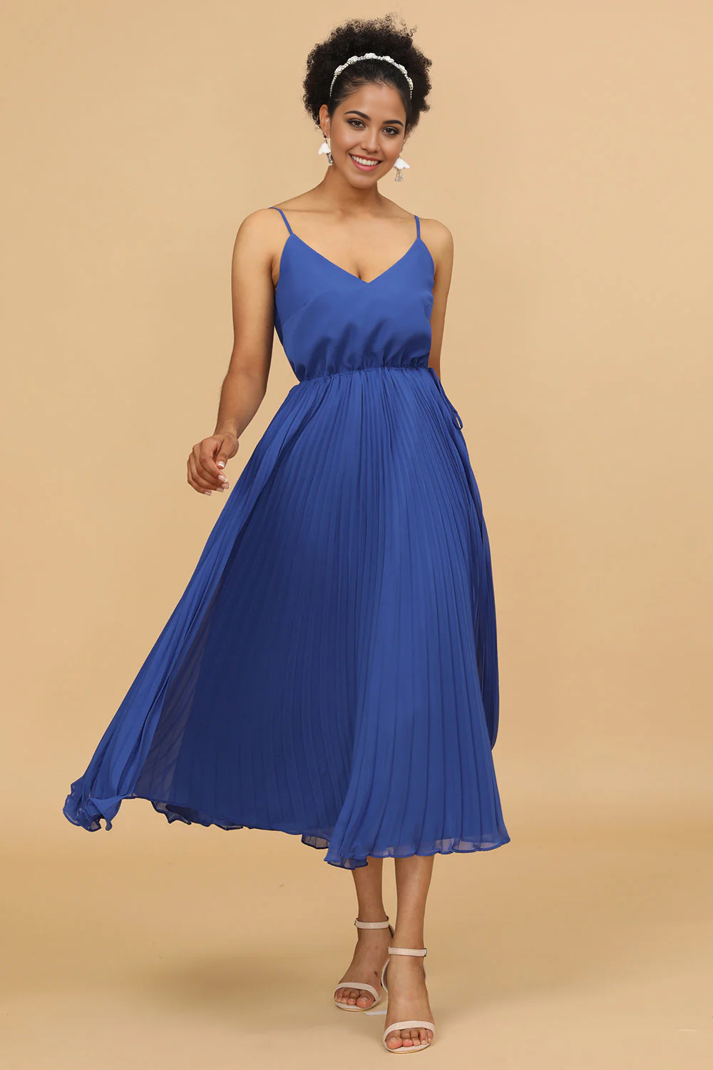 DingJiDress Royal Blue A Line Wedding Guest Dresses Spaghetti Straps Tea Length Chiffon Bridesmaid Dress