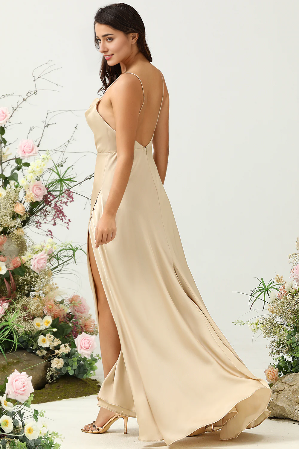 DingJiDress Champagne A Line Cowl Neck Spaghetti Straps Satin Bridesmaid Dress with Slit