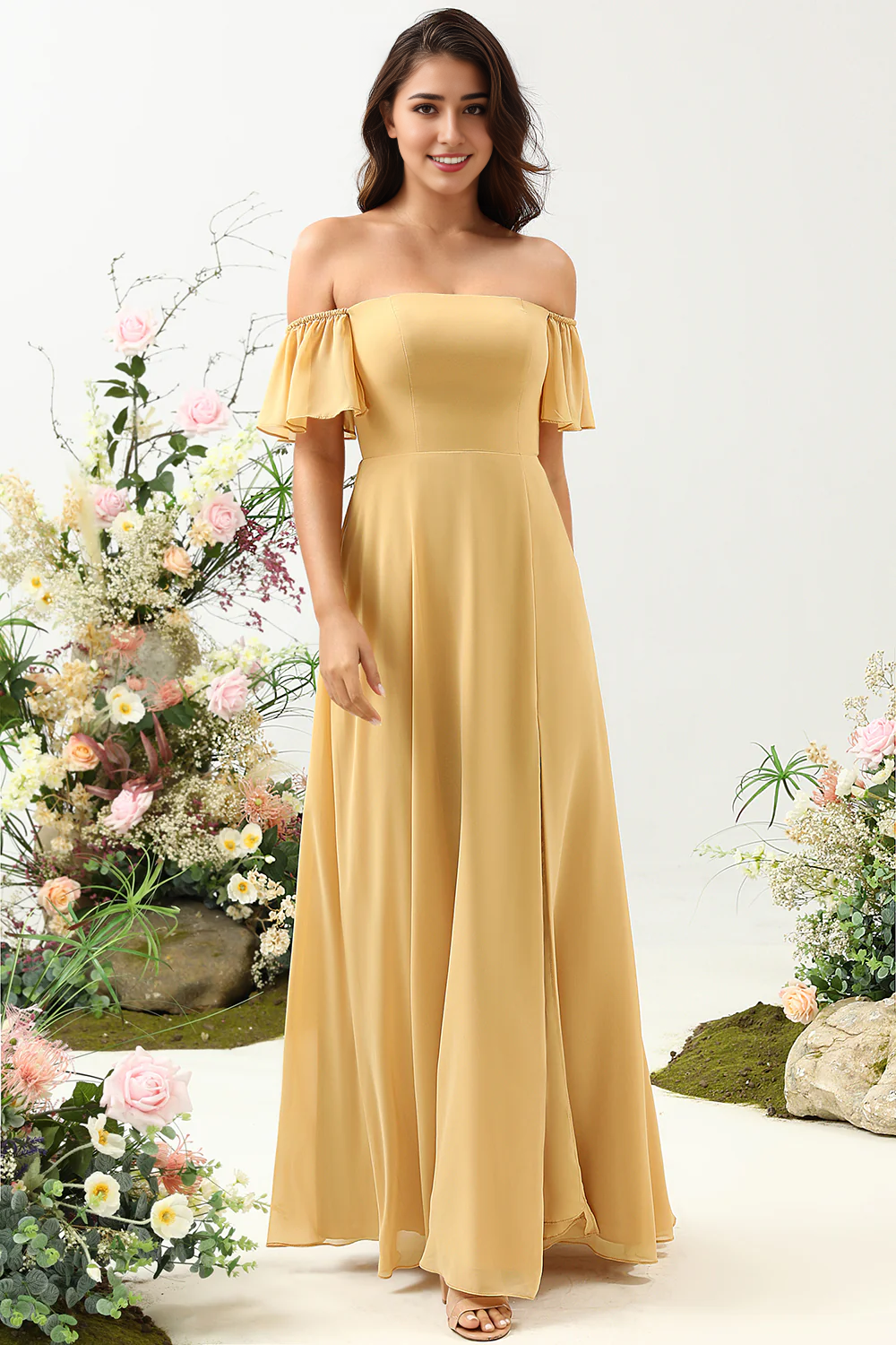 DingJiDress Yellow A Line Off The Shoulder Chiffon Long Bridesmaid Dress with Ruffles