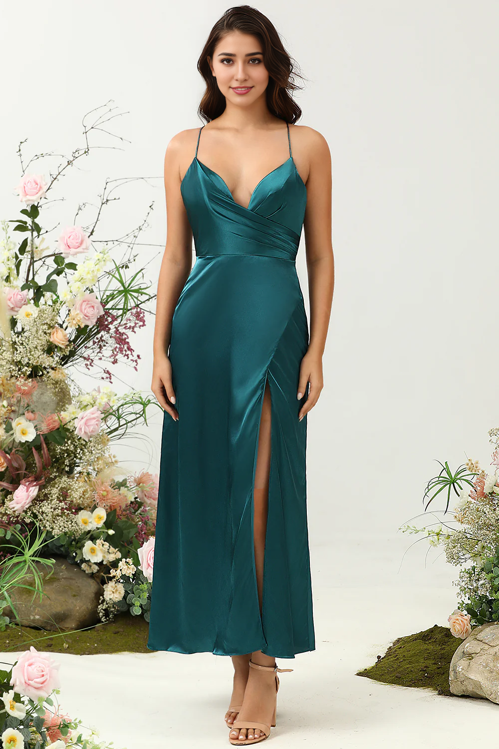 DingJiDress A Line Spaghetti Straps Dark Green Bright Satin Bridesmaid Dress with Open Back