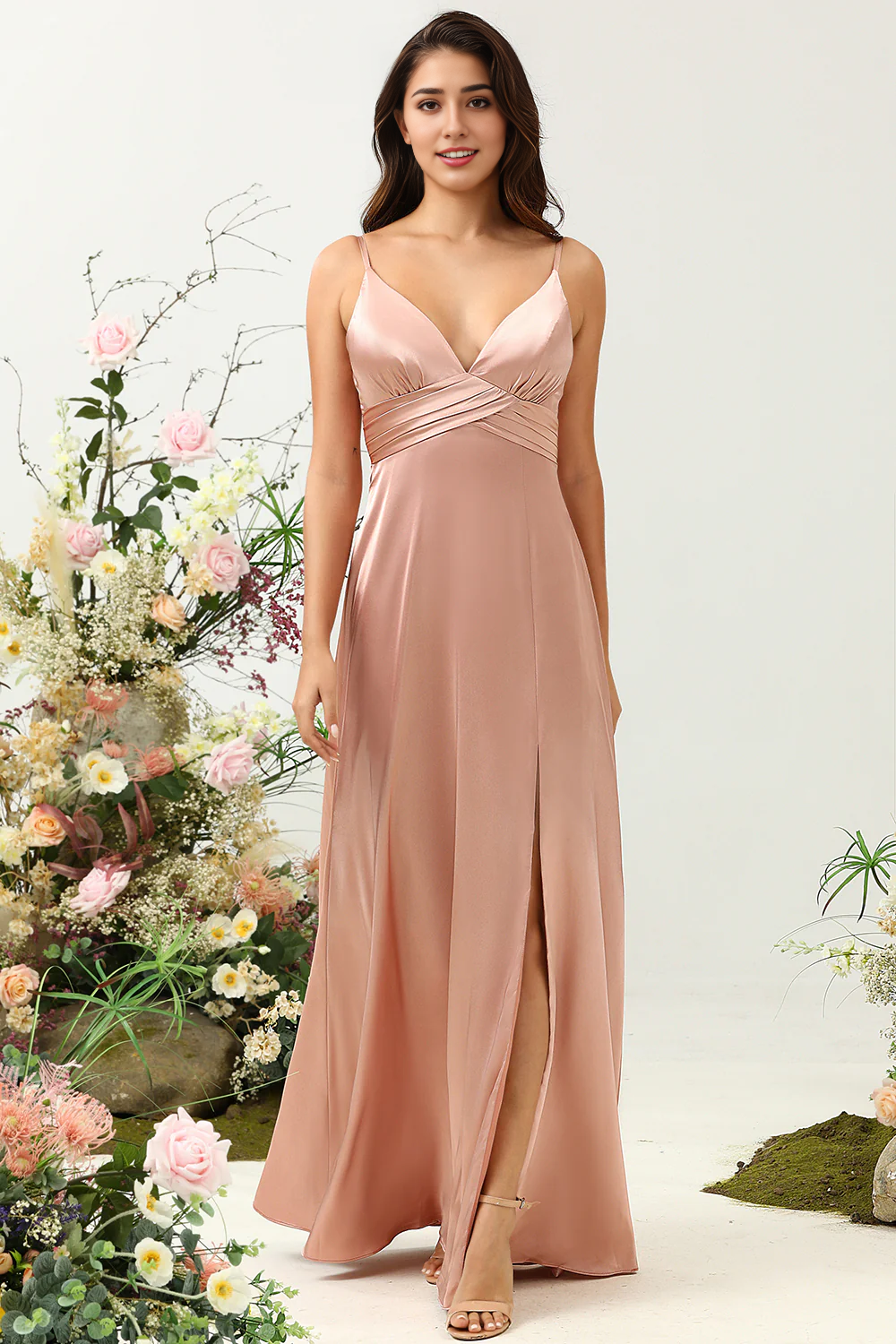 DingJiDress Blush Elegant A Line Spaghetti Straps Bright Satin Bridesmaid Dress with Slit