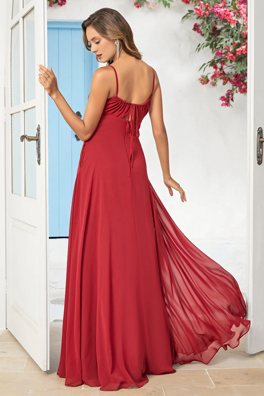 DingJiDress Elegant Burgundy A-Line Prom Dresses Spaghetti Straps Chiffon Long Bridesmaid Dress