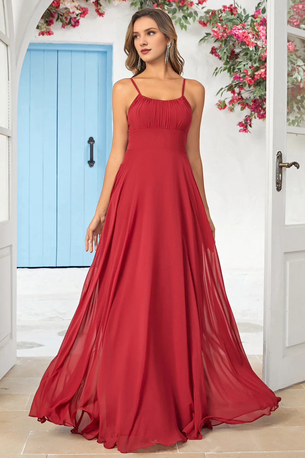 DingJiDress Elegant Burgundy A-Line Prom Dresses Spaghetti Straps Chiffon Long Bridesmaid Dress