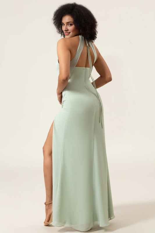 DingJiDress Elegant Matcha Prom Dresses Sheath Halter Neck Pleated Bridesmaid Dress with Slit