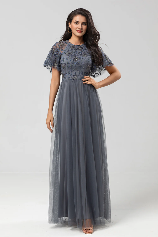 DingJiDress Elegant A-Line Prom Dresses Embroidered Tulle Twilight Bridesmaid Dress With Beading