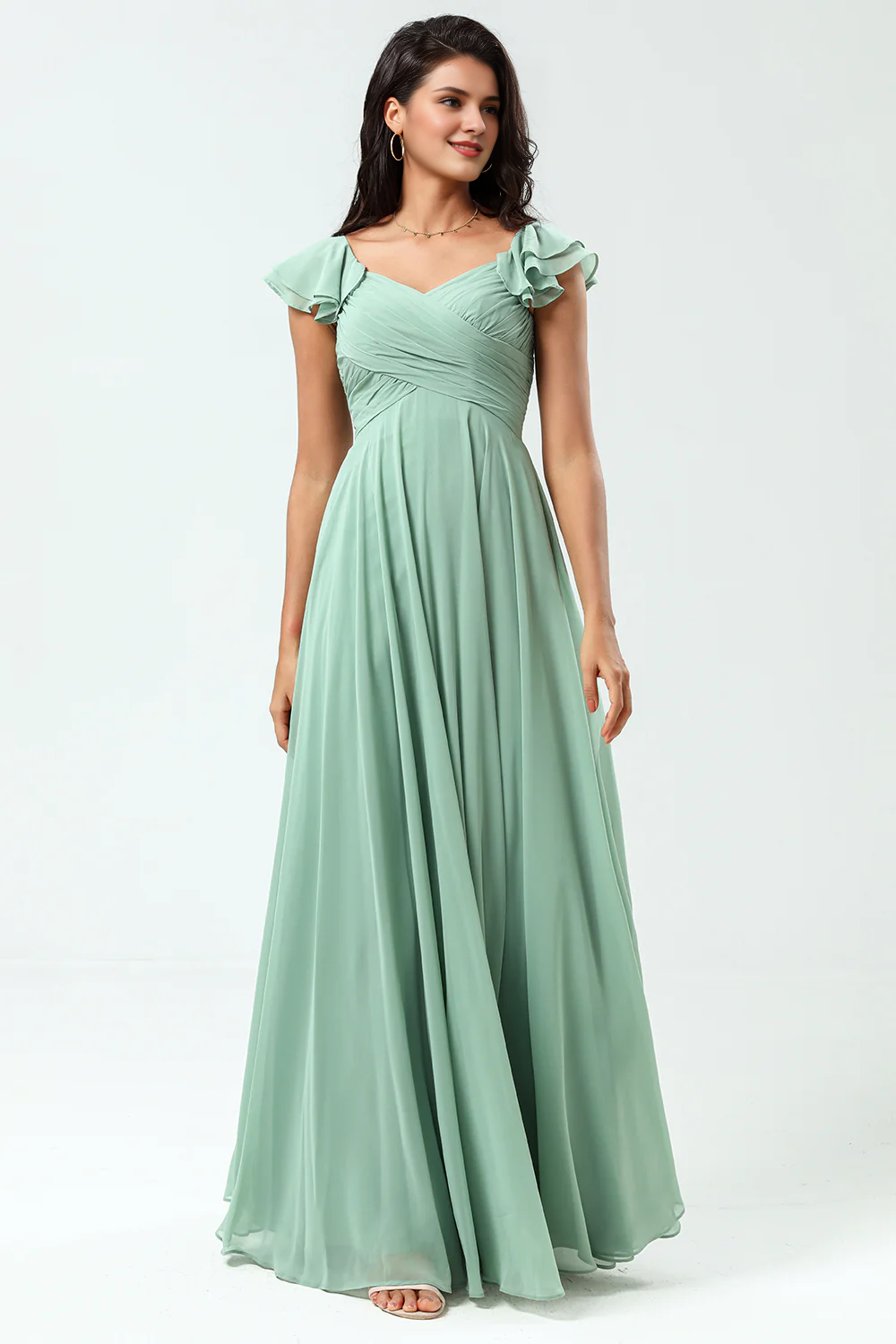 DingJiDress Elegant Lace-Up Back Cross A Line Matcha Prom Dresses Chiffon Green Bridesmaid Dress with Ruffles
