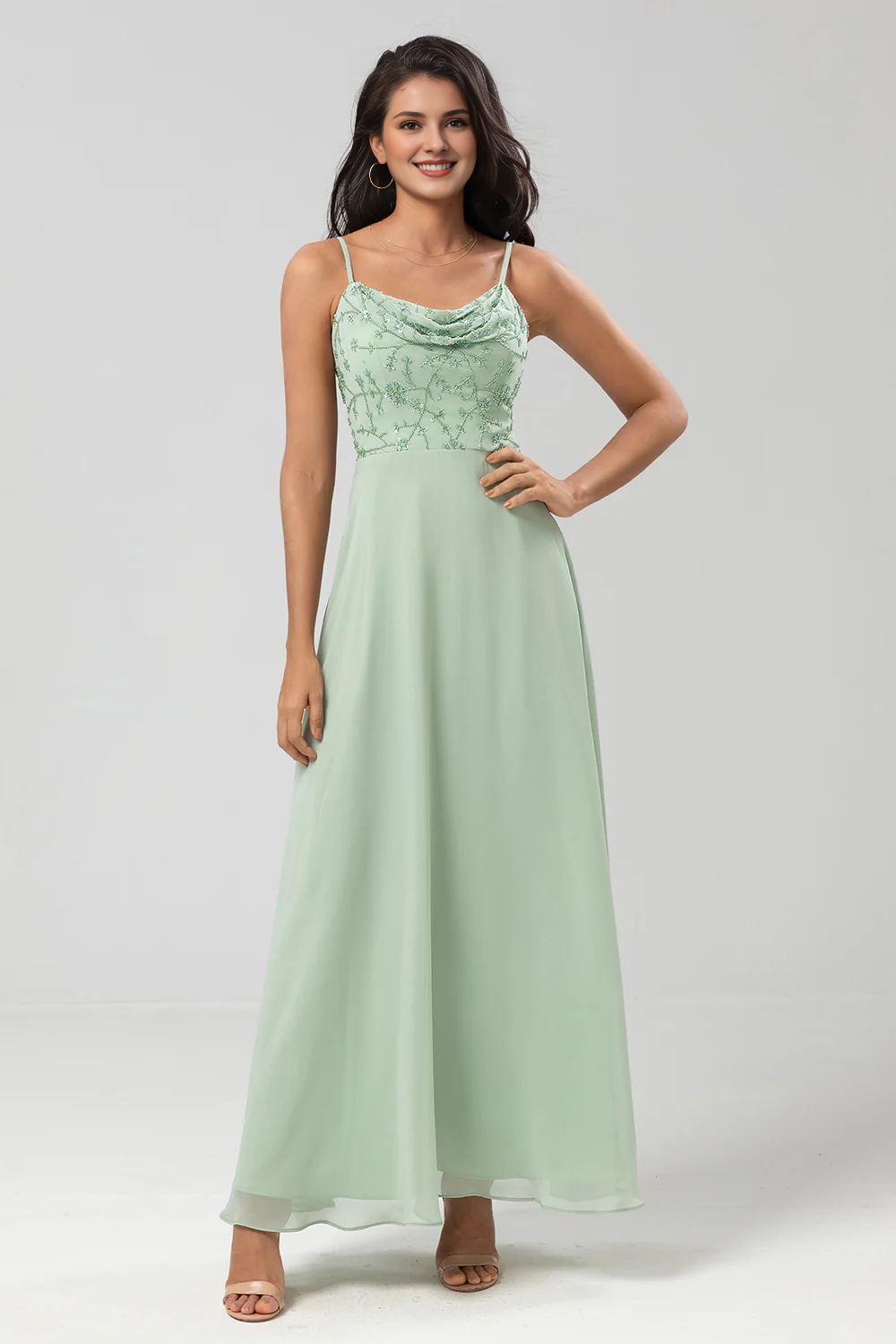 Wholesale Elegant Dusty Sage A-Line Prom Dresses Spaghetti Straps Embroidered Chiffon Bridesmaid Dress