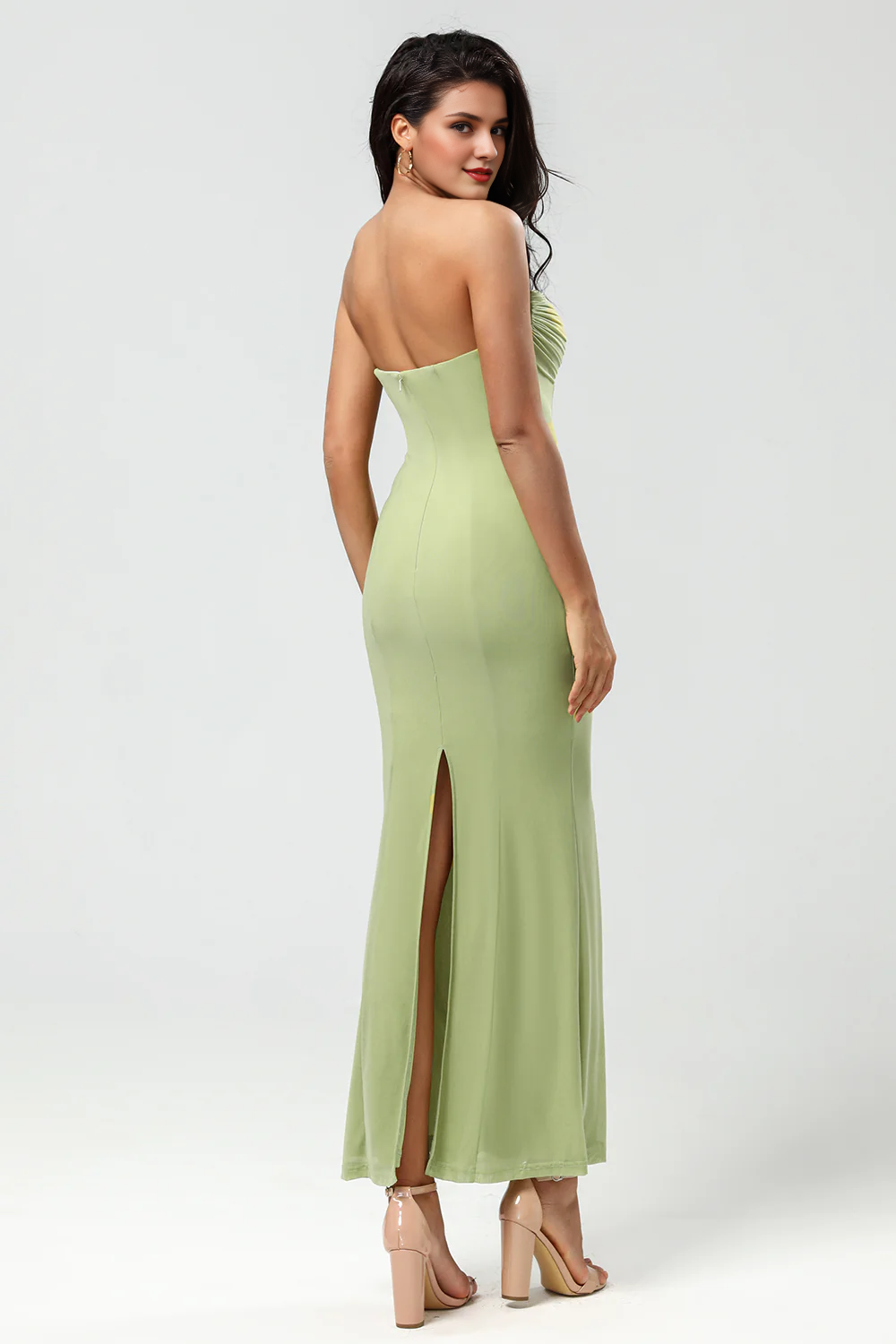 DingJiDress Elegant Lemon Green Mermaid Prom Dresses Strapless Floor Length Bridesmaid Dress With Slit